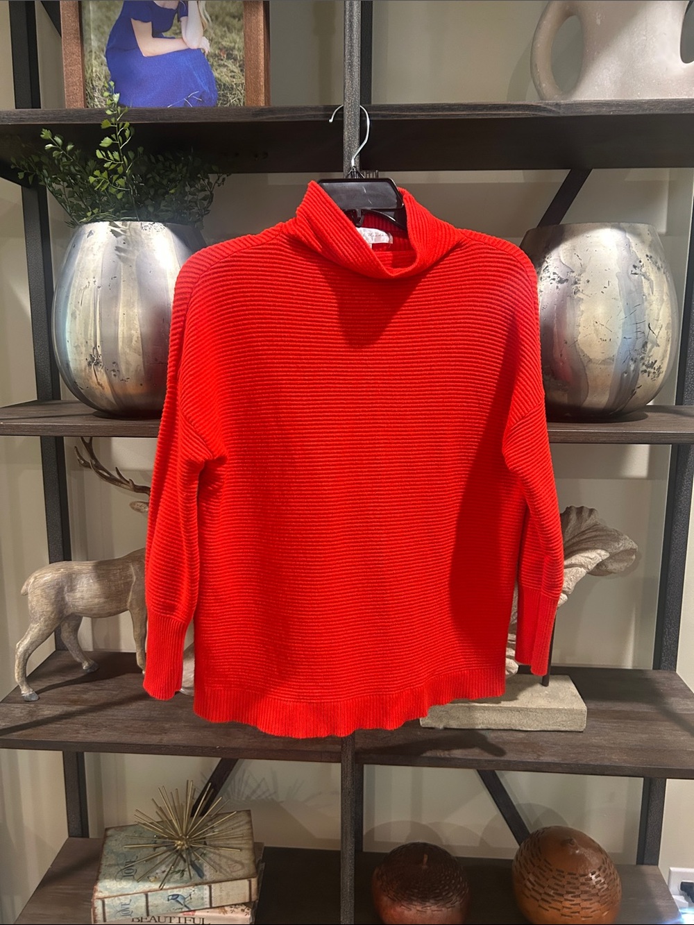 Chelsea & Theodore XS Bright Red Ribbed Cowl-Neck Sweater